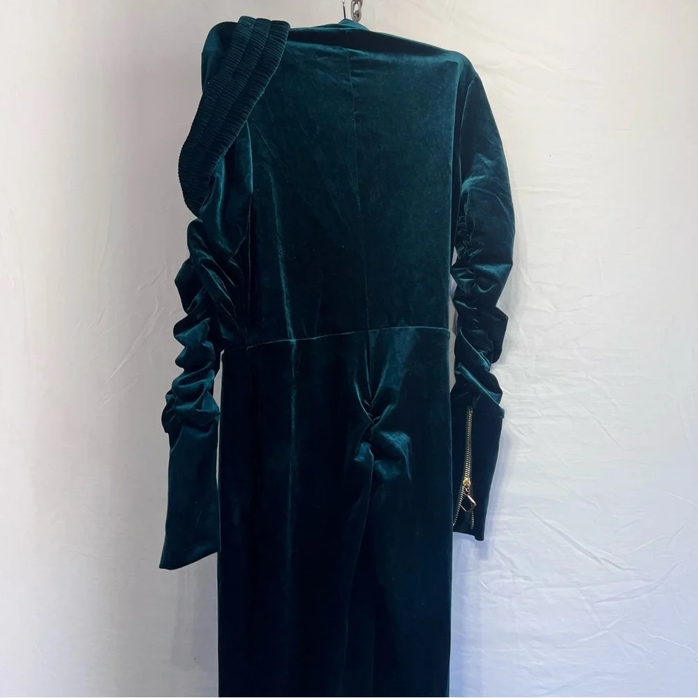 Chicme Velvet Zipper Ruched Longsleeve Jumpsuit Elastic Waistbelt Green Size M - Picture 2 of 12